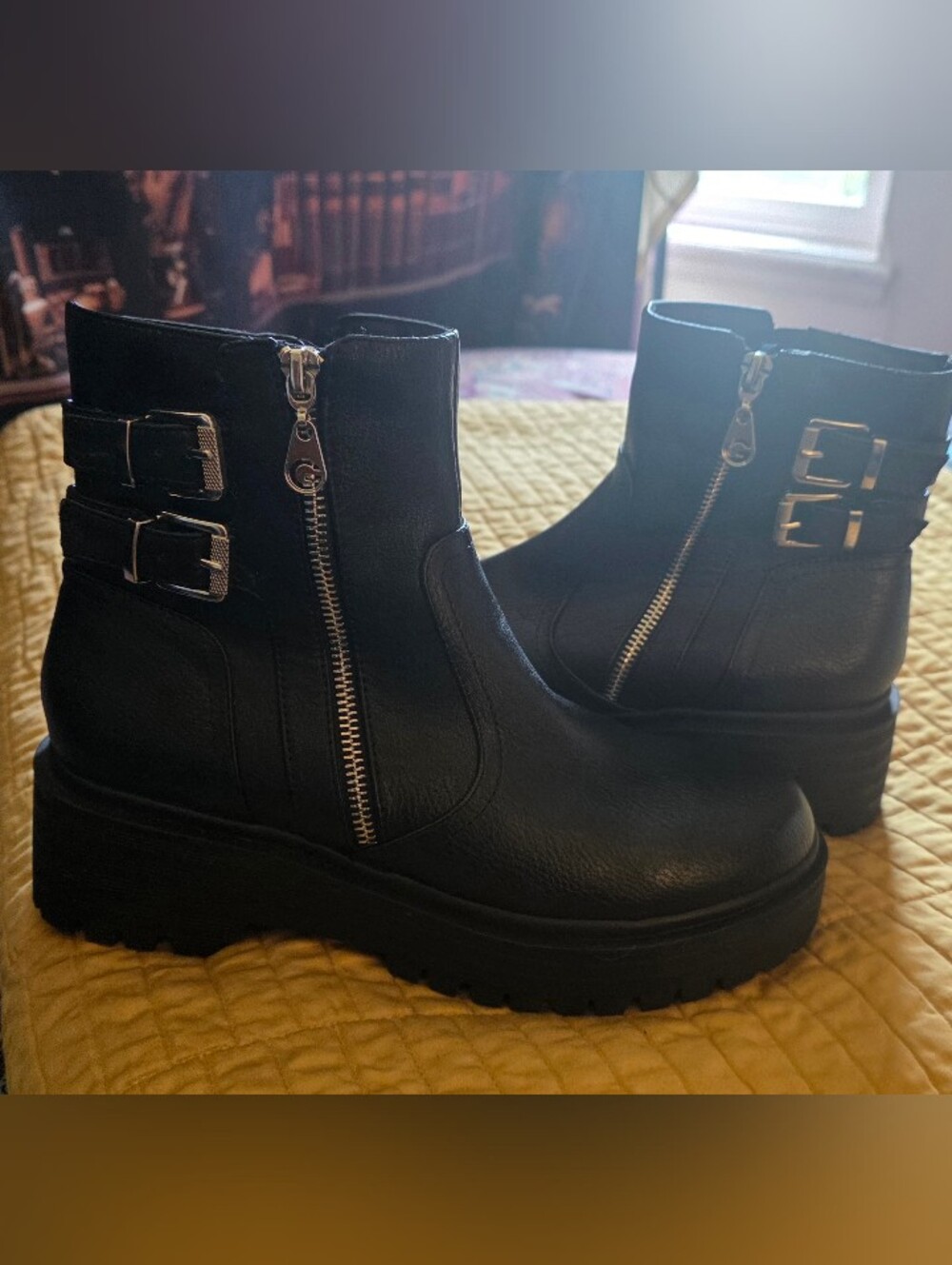 GBG Los Angeles Black Women's Zip Platform Ankle Boots with Buckle Detail